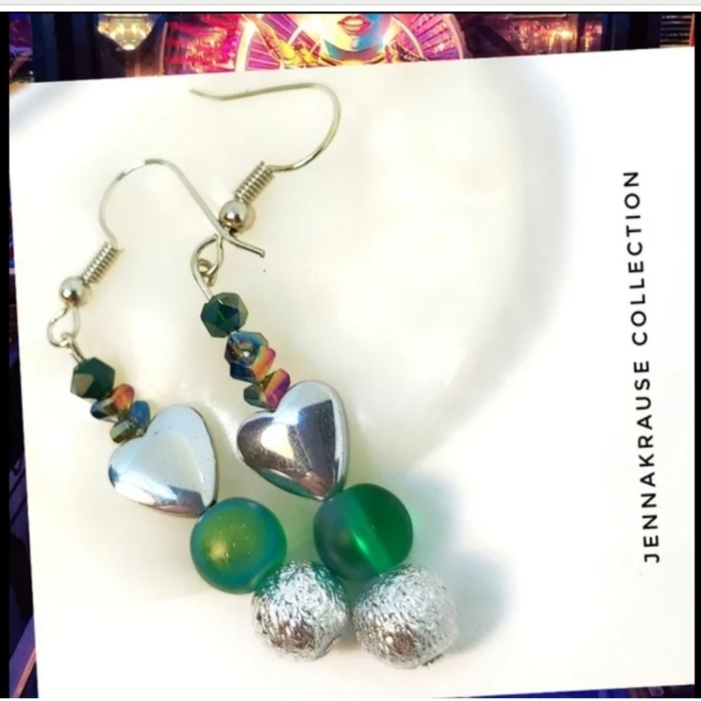 Green & Silver OOAK Hearts Earrings
